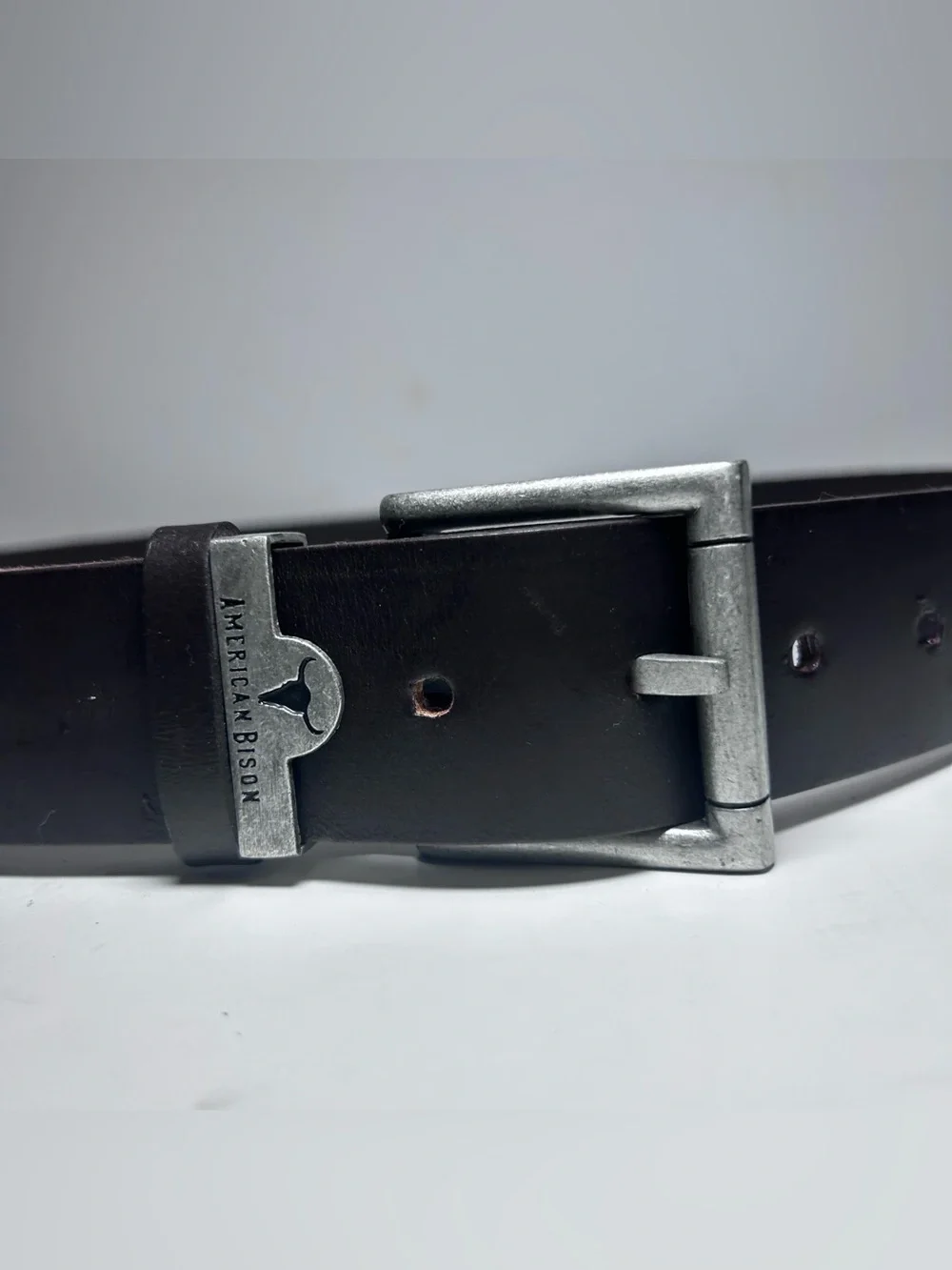 American Bison Dark Brown Leather Belt Men’s 34 Silver Hardware Excellent